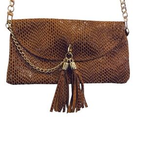 NWOT Brown Bronze Leather Snakeskin Embossed Clutch with Tassels and Gold Chain